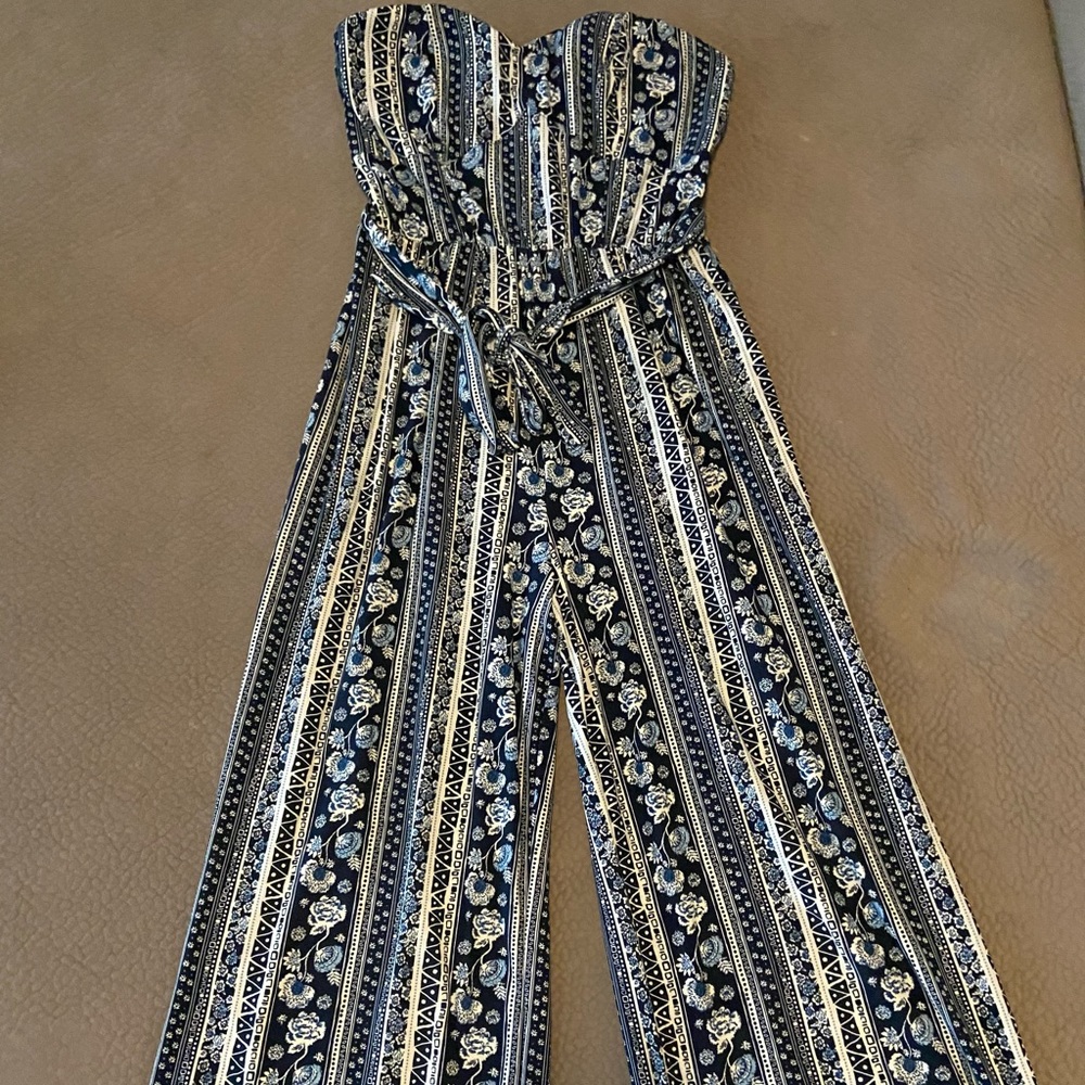 navy blue wide leg romper with light blue and white designs